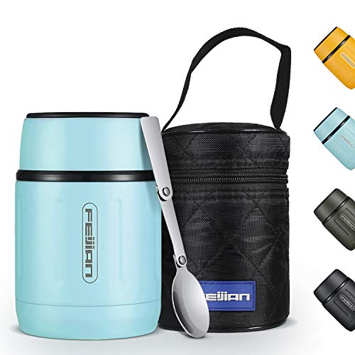 Healter 500ml Thermobehälter für Essen,Auslaufsicher Edelstahl Essensbehälter,Edelstahl Suppenbehälter mit Faltbarem Löffel für Essen, Suppe, Brei, Obst, Blau von Healter