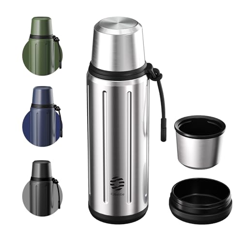 Healter Thermoskanne mit Becher 1l (48 Stunden heiß und 72 Stunden kalt) Thermosflasche Kaffee Tee Thermobecher mit Abnehmbarem Boden und Filter Geeignet für Reisen Büro und Schule(Silber) von Healter