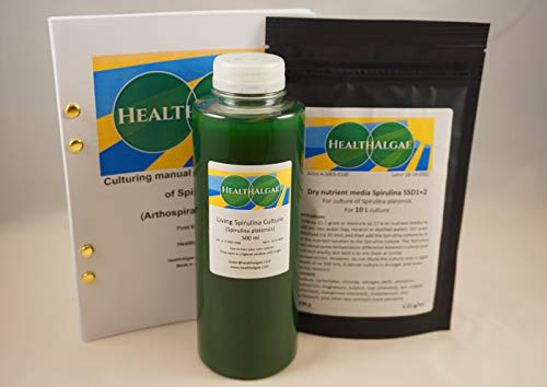 HealthAlgae Live Spirulina platensis (500 ml) + 10 L Dry Spirulina Grow Medium SSD1+2 - Algenkultur + Dünger (500 ml 10 l) von HealthAlgae