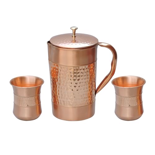 HealthGoodsIn Wasserkrug aus reinem Kupfer mit 2 Kupfergläsern (gehämmertes und schlichtes Muster) für Ayurveda-Gesundheitsvorteile (mit gebogenem Glas), CU-77 von HealthGoodsIn