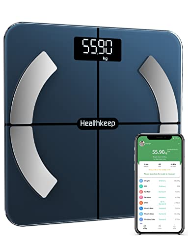 Digitale Körperfettwaage Personenwaage Impedanzmesser, intelligente Waage Bluetooth mit App für 13 Körperdatenanalysen Körperfett, BMI, Gewicht, Muskelmasse, Wasser, Protein, BMR, 180 kg von Healthkeep