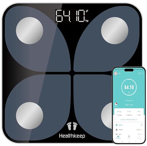 Digitale Personenwaagen Körperfettwaage, mit App Smart Waage, Bluetooth Körperanalysewaage mit für Körperfett, BMI, Muskelmasse, Protein, BMR, Schwarz 26cm*26cm von Healthkeep