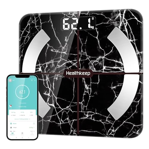 Körperfettwaage, Bluetooth Personenwaage mit App, Smart Digitale Waage für Körperfett, BMI, Gewicht, Muskelmasse, Wasser, Protein, Skelettmuskel, Knochengewicht, BMR, Marmor Schwarz von Healthkeep