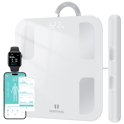 Körperfettwaage Digital Personenwaage Bluetooth mit 8 Elektroden Ganzkörperanalyse Waage mit APP und Handsensoren Smart Körperwaage für 18 Körperdaten Analysiert, BMI, Gewicht, Muskelmasse von Healthkeep