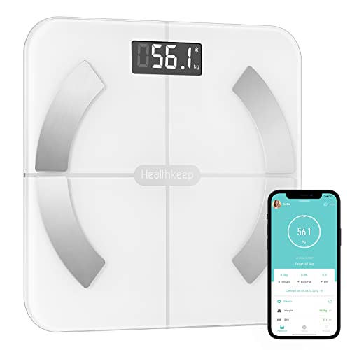 Körperfettwaage, Bluetooth Personenwaage mit App, Smart Digitale Waage für Körperfett, BMI, Gewicht, Muskelmasse, Wasser, Protein, Skelettmuskel, Knochengewicht, BMR, 26 * 26cm von Healthkeep