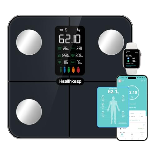Healthkeep Körperfettwaage Personenwaage Digital Waage mit Körperfett und Muskelmasse für 15 Körperdaten Herzfrequenz-Messgerät Personen mit Großem VA-Bildschirm Mit APP für iOS und Android von Healthkeep