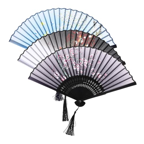 Healvian 3 Stück Chinesischer Faltfächer mit Quaste Eleganter Faltbarer Handfächer aus Seide und Bambus Dekorativer Tanzfächer im Retro Stil Leicht und Robust für Sommer Hochzeit und von Healvian