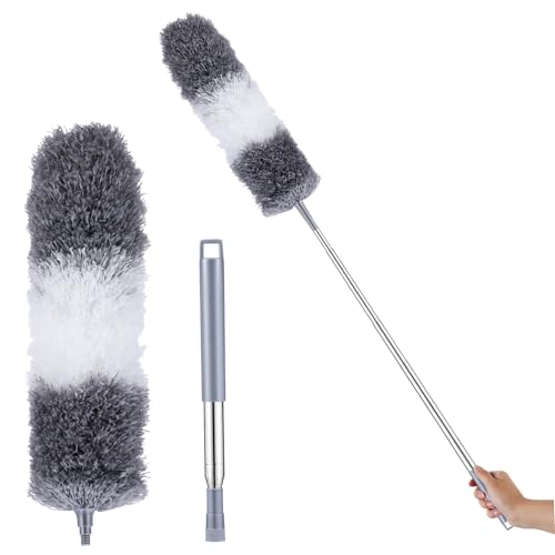 Healvian Mikrofaser Staubwedel mit Teleskopverlängerung Ausziehbar für Deckenventilatoren und Möbel Waschbarer Flexibler Staubwischer mit Haken zur Platzsparenden Aufbewahrung und Trocken von Healvian