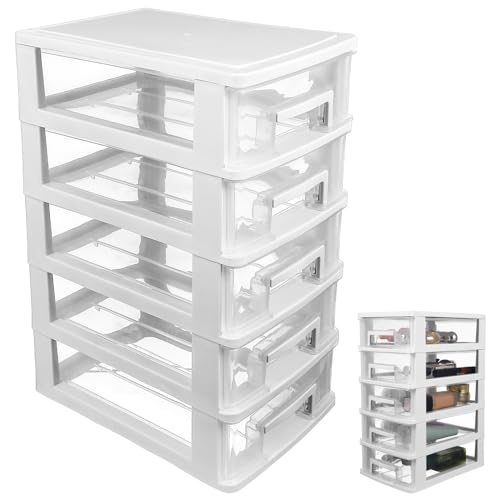 Healvian Schreibtisch Organizer Schubladen Kunststoff Schubladenbox 5 Transparente Schubladenturm Kosmetik mit Schubladen Aufbewahrungsturm Schubladencontainer Storage Cabinet von Healvian