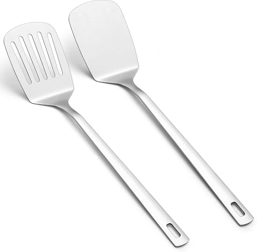Heanvmyss 2PCS Stainless Steel Spatulas,Pfannenwender Edelstahl,Pfannenwender aus Metall mit Schlitz,Solider Pfannenwender für Fisch,Eier,Pfannkuchen(Silber) von Heanvmyss