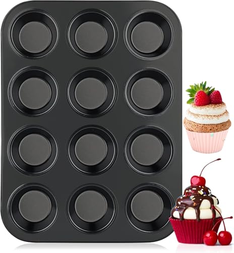 Heanvmyss Muffinform,Karbonstahl Muffinblech für 12 Muffins,Antihaft Backblech,Spülmaschinengeeignet,Muffinbackformen für Cupcakes,Brownies,Pudding,Kuchen,Backofen(35x26cm,Schwarz) von Heanvmyss