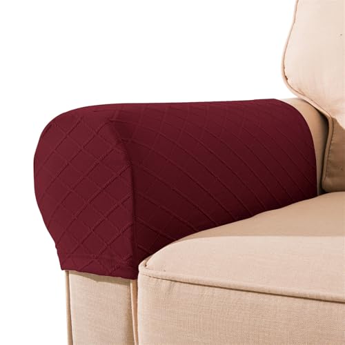 Hearda 2/4/6 Stück Elastische Armlehnenbezüge, Jacquard Couch Armlehnenschoner, Stretch Abnehmbar Sesselbezug rutschfest Sesselschoner Armkappen für Sofas Sessel Möbelschutz (Weinrot,2 Stück) von Hearda