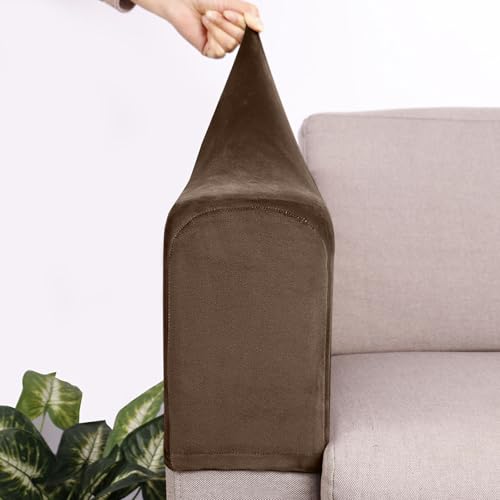 Hearda 2/4/6 Stück Elastische Armlehnenbezüge Couch Armlehnenschoner, Samt Stretch Abnehmbar Sesselbezug rutschfest Sesselschoner Armkappen für Stühle Sofas Sessel Möbelschutz (Khaki,2er-Satz) von Hearda