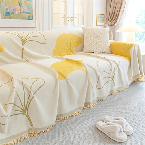 Hearda Chenille Sofa Überwurfdecke, Ginkgoblatt Sofaüberwurf Decke Couch Überwürf Couchdecke Überwurf mit Quasten Reversibel Sofadecke 1 2 3 4 Sitzer Couchdecke Sessel Decke (Gelb,180x380cm) von Hearda