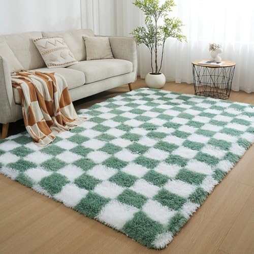 Hearda Flauschige Teppiche Wohnzimmer, Shaggy Teppich Hochflor Checkerboard Modern Große Weich Wohnzimmerteppich Langflor Plüsch mit rutschfest Unterseite Waschbar (Grün,80x200cm) von Hearda