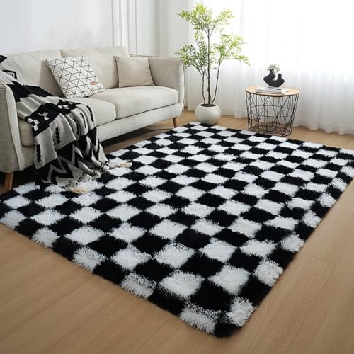 Hearda Flauschige Teppiche Wohnzimmer, Shaggy Teppich Hochflor Checkerboard Modern Große Weich Wohnzimmerteppich Langflor Plüsch mit rutschfest Unterseite Waschbar (Schwarz,100x200cm) von Hearda