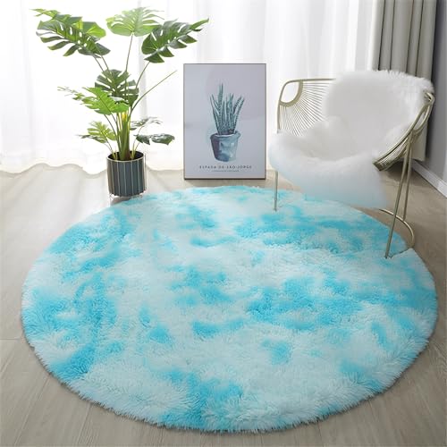 Hearda Langflor Teppich Rund Wohnzimmer, Einfacher Stil Soft Shaggy Teppich Runder, Flauschiger Kinderzimmer Teppiche, Waschbarer Schlafzimmer Carpet, Wohnzimmerteppich (Blau,120cm) von Hearda