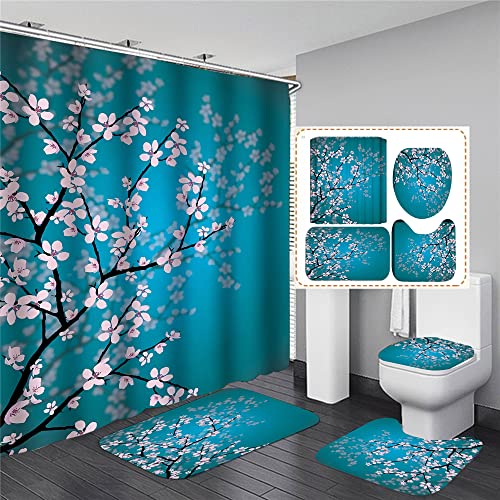 Hearda Moderne 4-Teiliges Duschvorhang-Set für Badezimmer, 3D Blumen-Druck rutschfest WC-Vorleger + WC-Deckelbezug + Badematte + Duschvorhang mit 12 Haken (4PC,Kirschblüten) von Hearda