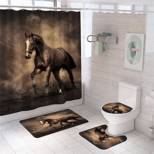 Hearda Moderne 4-Teiliges Duschvorhang-Set für Badezimmer, 3D Pferd-Druck rutschfest WC-Vorleger + WC-Deckelbezug + Badematte + Duschvorhang mit 12 Haken (4PC,Laufendes Pferd) von Hearda