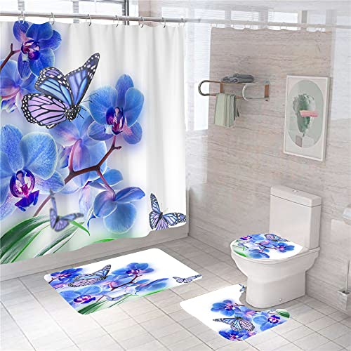 Hearda Moderne 4-Teiliges Duschvorhang-Set für Badezimmer, 3D Schmetterling-Druck rutschfest WC-Vorleger + WC-Deckelbezug + Badematte + Duschvorhang mit 12 Haken (4PC,Phalaenopsis) von Hearda