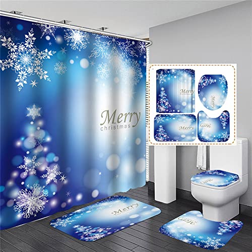 Hearda Moderne 4-Teiliges Duschvorhang-Set für Badezimmer, rutschfest WC-Vorleger + WC-Deckelbezug + Badematte + Duschvorhang mit 12 Haken (Blau,180x180cm) von Hearda
