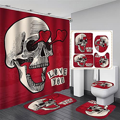 Hearda Moderne 4-Teiliges Duschvorhang-Set für Badezimmer, rutschfest WC-Vorleger + WC-Deckelbezug + Badematte + Duschvorhang mit 12 Haken (Totenkopf Druck,180x180cm) von Hearda