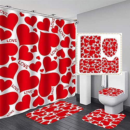 Hearda Moderne 4-Teiliges Duschvorhang-Set für Badezimmer, rutschfest WC-Vorleger + WC-Deckelbezug + Badematte + Duschvorhang mit 12 Haken (rotes Herz,180x180cm) von Hearda