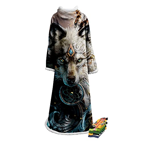 Hearda Oversized Kuscheldecke mit Ärmeln, Wearable Decke 3D Wolf Gedruckt Flauschige Warm Plüsch Extra Lang TV-Decke, Fleecedecke für Erwachsene Damen Herren (Traumfänger,127x178cm) von Hearda