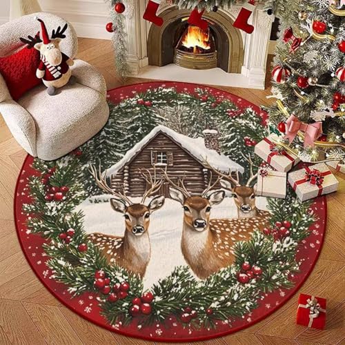 Hearda Rund Weihnachten Teppich, Rot Flanell Reppich Schlafzimmer Waschbarer Innenbereich Teppich rutschfest Fußmatten, Flur Fußmatten für Wohnzimmer, Büro (Rot 1,80cm) von Hearda