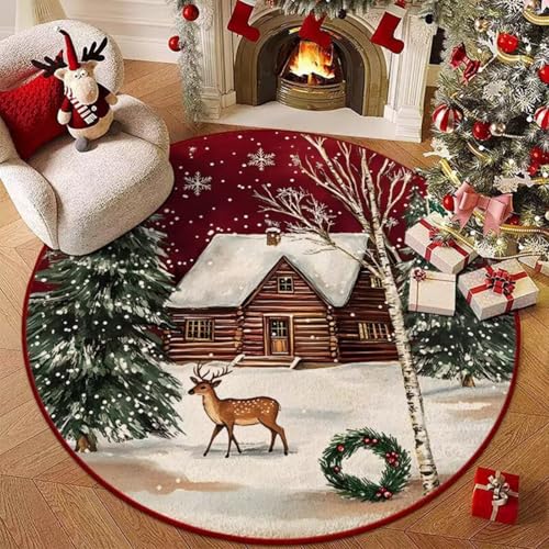 Hearda Rund Weihnachten Teppich, Rot Flanell Reppich Schlafzimmer Waschbarer Innenbereich Teppich rutschfest Fußmatten, Flur Fußmatten für Wohnzimmer, Büro (Rot 11,80cm) von Hearda