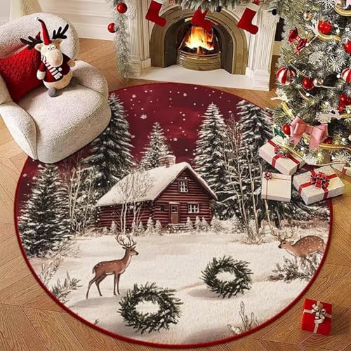 Hearda Rund Weihnachten Teppich, Rot Flanell Reppich Schlafzimmer Waschbarer Innenbereich Teppich rutschfest Fußmatten, Flur Fußmatten für Wohnzimmer, Büro (Rot 13,100cm) von Hearda