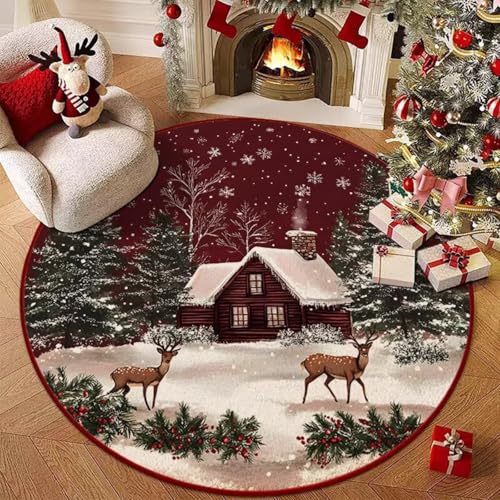 Hearda Rund Weihnachten Teppich, Rot Flanell Reppich Schlafzimmer Waschbarer Innenbereich Teppich rutschfest Fußmatten, Flur Fußmatten für Wohnzimmer, Büro (Rot 15,60cm) von Hearda