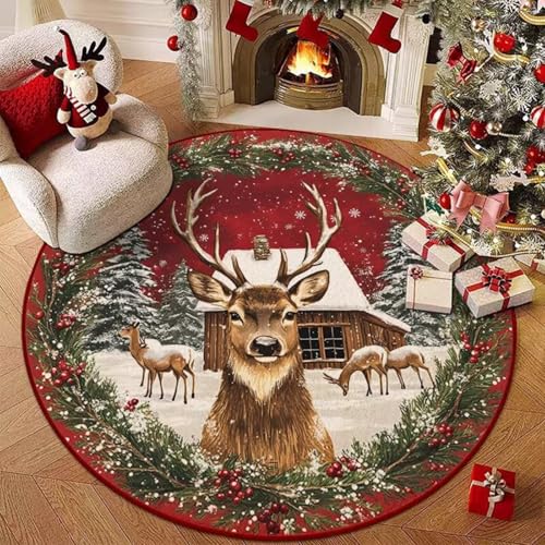 Hearda Rund Weihnachten Teppich, Rot Flanell Reppich Schlafzimmer Waschbarer Innenbereich Teppich rutschfest Fußmatten, Flur Fußmatten für Wohnzimmer, Büro (Rot 2,80cm) von Hearda