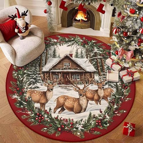 Hearda Rund Weihnachten Teppich, Rot Flanell Reppich Schlafzimmer Waschbarer Innenbereich Teppich rutschfest Fußmatten, Flur Fußmatten für Wohnzimmer, Büro (Rot 3,100cm) von Hearda