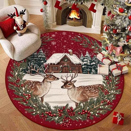 Hearda Rund Weihnachten Teppich, Rot Flanell Reppich Schlafzimmer Waschbarer Innenbereich Teppich rutschfest Fußmatten, Flur Fußmatten für Wohnzimmer, Büro (Rot 4,100cm) von Hearda