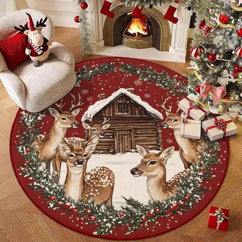 Hearda Rund Weihnachten Teppich, Rot Flanell Reppich Schlafzimmer Waschbarer Innenbereich Teppich rutschfest Fußmatten, Flur Fußmatten für Wohnzimmer, Büro (Rot 5,80cm) von Hearda