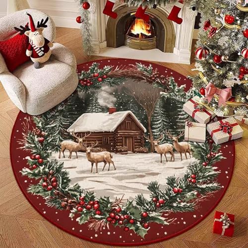 Hearda Rund Weihnachten Teppich, Rot Flanell Reppich Schlafzimmer Waschbarer Innenbereich Teppich rutschfest Fußmatten, Flur Fußmatten für Wohnzimmer, Büro (Rot 6,80cm) von Hearda
