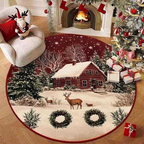 Hearda Rund Weihnachten Teppich, Rot Flanell Reppich Schlafzimmer Waschbarer Innenbereich Teppich rutschfest Fußmatten, Flur Fußmatten für Wohnzimmer, Büro (Rot 7,80cm) von Hearda