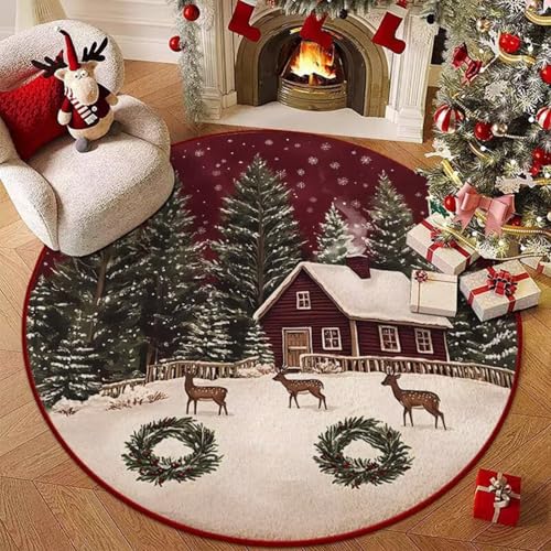 Hearda Rund Weihnachten Teppich, Rot Flanell Reppich Schlafzimmer Waschbarer Innenbereich Teppich rutschfest Fußmatten, Flur Fußmatten für Wohnzimmer, Büro (Rot 8,100cm) von Hearda