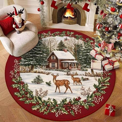 Hearda Rund Weihnachten Teppich, Rot Flanell Reppich Schlafzimmer Waschbarer Innenbereich Teppich rutschfest Fußmatten, Flur Fußmatten für Wohnzimmer, Büro (Rote Weihnachten A,80cm) von Hearda