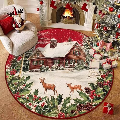 Hearda Rund Weihnachten Teppich, Rot Flanell Reppich Schlafzimmer Waschbarer Innenbereich Teppich rutschfest Fußmatten, Flur Fußmatten für Wohnzimmer, Büro (Rote Weihnachten B,60cm) von Hearda