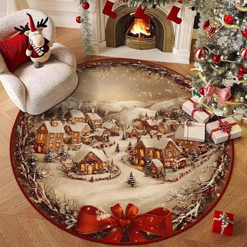 Hearda Rund Weihnachten Teppich, Rot Flanell Reppich Schlafzimmer Waschbarer Innenbereich Teppich rutschfest Fußmatten, Flur Fußmatten für Wohnzimmer, Büro (Rote Weihnachten C,60cm) von Hearda