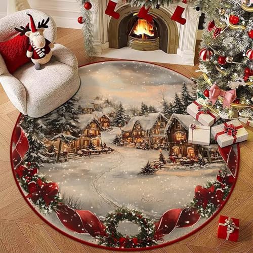 Hearda Rund Weihnachten Teppich, Rot Flanell Reppich Schlafzimmer Waschbarer Innenbereich Teppich rutschfest Fußmatten, Flur Fußmatten für Wohnzimmer, Büro (Rote Weihnachten D,120cm) von Hearda