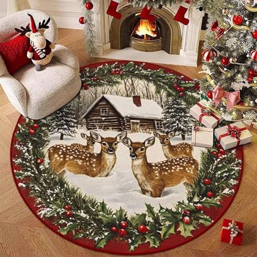 Hearda Rund Weihnachten Teppich, Rot Flanell Reppich Schlafzimmer Waschbarer Innenbereich Teppich rutschfest Fußmatten, Flur Fußmatten für Wohnzimmer, Büro (Rote Weihnachten E,80cm) von Hearda