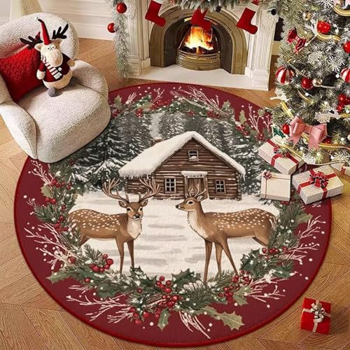 Hearda Rund Weihnachten Teppich, Rot Flanell Reppich Schlafzimmer Waschbarer Innenbereich Teppich rutschfest Fußmatten, Flur Fußmatten für Wohnzimmer, Büro (Rote Weihnachten F,120cm) von Hearda