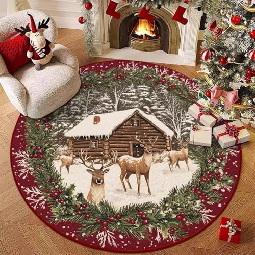 Hearda Rund Weihnachten Teppich, Rot Flanell Reppich Schlafzimmer Waschbarer Innenbereich Teppich rutschfest Fußmatten, Flur Fußmatten für Wohnzimmer, Büro (Rote Weihnachten G,80cm) von Hearda