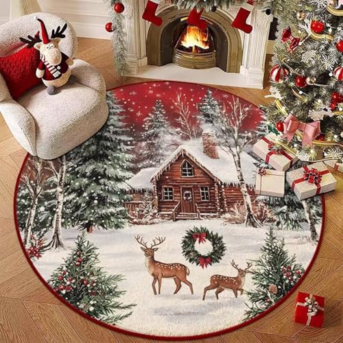 Hearda Rund Weihnachten Teppich, Rot Flanell Reppich Schlafzimmer Waschbarer Innenbereich Teppich rutschfest Fußmatten, Flur Fußmatten für Wohnzimmer, Büro (Rothirsch 2,60cm) von Hearda