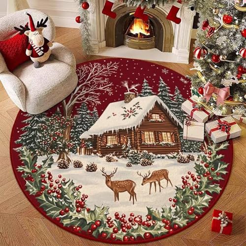Hearda Rund Weihnachten Teppich, Rot Flanell Reppich Schlafzimmer Waschbarer Innenbereich Teppich rutschfest Fußmatten, Flur Fußmatten für Wohnzimmer, Büro (Rothirsch 3,100cm) von Hearda