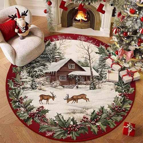 Hearda Rund Weihnachten Teppich, Rot Flanell Reppich Schlafzimmer Waschbarer Innenbereich Teppich rutschfest Fußmatten, Flur Fußmatten für Wohnzimmer, Büro (Rothirsch 4,80cm) von Hearda