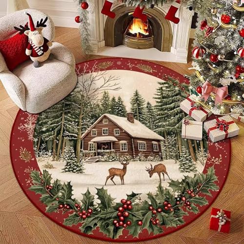 Hearda Rund Weihnachten Teppich, Rot Flanell Reppich Schlafzimmer Waschbarer Innenbereich Teppich rutschfest Fußmatten, Flur Fußmatten für Wohnzimmer, Büro (Rothirsch 5,60cm) von Hearda
